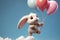 AI generated illustration of an adorable white rabbit soaring through blue sky with balloons