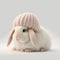 AI generated illustration of an adorable white rabbit with a stylish knitted hat perched on its head