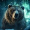 AI generated illustration of an adult brown bear stands in a snowy winter landscape