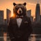 AI generated illustration of An adult brown bear wearing a smart suit and tie