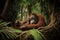 AI generated illustration of an adult orangutan and her young cuddled up in a tree branch