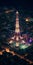 AI generated illustration of an aerial view of Eiffel Tower in Paris, France illuminated at night