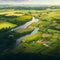 AI generated illustration of an aerial view of fertile farmland near a river and rolling hills