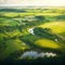 AI generated illustration of an aerial view of fertile farmland near a river and rolling hills