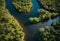 AI generated illustration of an aerial view of a picturesque riverside landscape dotted with trees