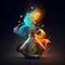AI-generated illustration of alchemy, a bottle of magical potion with fiery waves,on dark background