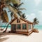 AI generated illustration of An antiquated shack on the edge of a tranquil beach