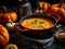AI generated illustration of an appetizing bowl of freshly-prepared pumpkin soup on a rustic surface