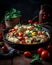 AI generated illustration of an appetizing bowl of pasta and vegetables sits atop a wooden table