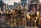 AI generated illustration of an array of antique-style robots against a backdrop of urban cityscape