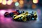 AI generated illustration of an array of bright toy cars lined up on a table