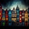 AI generated illustration of an array of brightly colored homes illuminated against a dark night sky