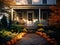 AI generated illustration of An array of vibrant orange pumpkins  displayed in front of a house,