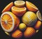 AI generated illustration of Artistic assembly of citrus fruit segments forming a geometric sphere