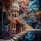 AI generated illustration of an artistic paper city with a backdrop of intricate spiral staircases