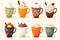 AI generated illustration of assorted vibrant coffee cups with a variety of flavors and creamers