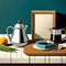 AI generated illustration of an assortment of kitchen items on a countertop with a teapot
