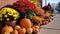 AI generated illustration of An assortment of orange pumpkins and vibrant flowers