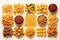 AI generated illustration of an assortment of various pasta on the white background