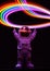 AI generated illustration of an astronaut with arms outstretched, with a rainbow on dark background