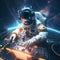 AI generated illustration of an astronaut is playing the dj controller in space
