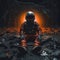 AI generated illustration of an astronaut seated on the ground in a rocky, cavernous environment