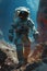 AI generated illustration of an astronaut stands in front of a rocky terrain