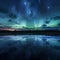 AI generated illustration of Aurora and auroral lights reflect on the calm and blue night waters