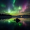 AI generated illustration of Aurora Borealis illuminating the night sky above the tranquil lake