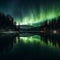 AI generated illustration of Aurora Borealis illuminating the night sky above the tranquil lake