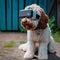 AI generated illustration of an Australian Labradoodle wearing VR virtual reality in the park