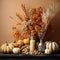 AI generated illustration of an autumnal floral arrangement with pumpkins and flowers