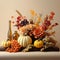 AI generated illustration of an autumnal floral arrangement with pumpkins and flowers