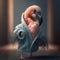 AI generated illustration of a baby flamingo wearing a robe with feathers