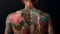 AI generated illustration of a back view of a male adorned with intricate Asian style tattoos