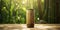 AI generated illustration of a bamboo tumbler standing tall on a rustic wooden table