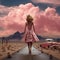 AI generated illustration of a Barbie walking on road in a desert near a pink car under pink clouds