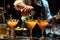 AI generated illustration of A bartender creates vibrant cocktails with stirrers in a busy bar