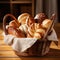 AI generated illustration of a basket of freshly baked bread on a wooden table