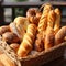 AI generated illustration of a basket of freshly baked bread on a wooden table