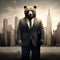 AI generated illustration of a bear in a suit on a background of skyscrapers - bear market concept