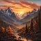 AI generated illustration of a beautiful landscape painting depicting a craggy mountain range