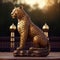 AI generated illustration of beautiful leopard statue on background of gate with golden towers