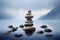 AI generated illustration of a beautiful scene of stacked rocks in the middle of a tranquil lake