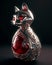AI generated illustration of a beautiful silver charm in the shape of a cat with a red gemstone