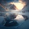 AI-generated illustration of beautiful snowy mountains with an iced lake in the front