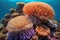 AI-generated illustration of a beautiful underwater scene featuring a vibrant anemone reef