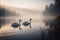 AI generated illustration of beautiful white swans peacefully floating in a lake on a foggy day