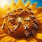 AI generated illustration of bees buzzing around sunflowers against a sunny blue sky