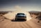 AI generated illustration of a black car speeding down a desert road, with a plume of dust